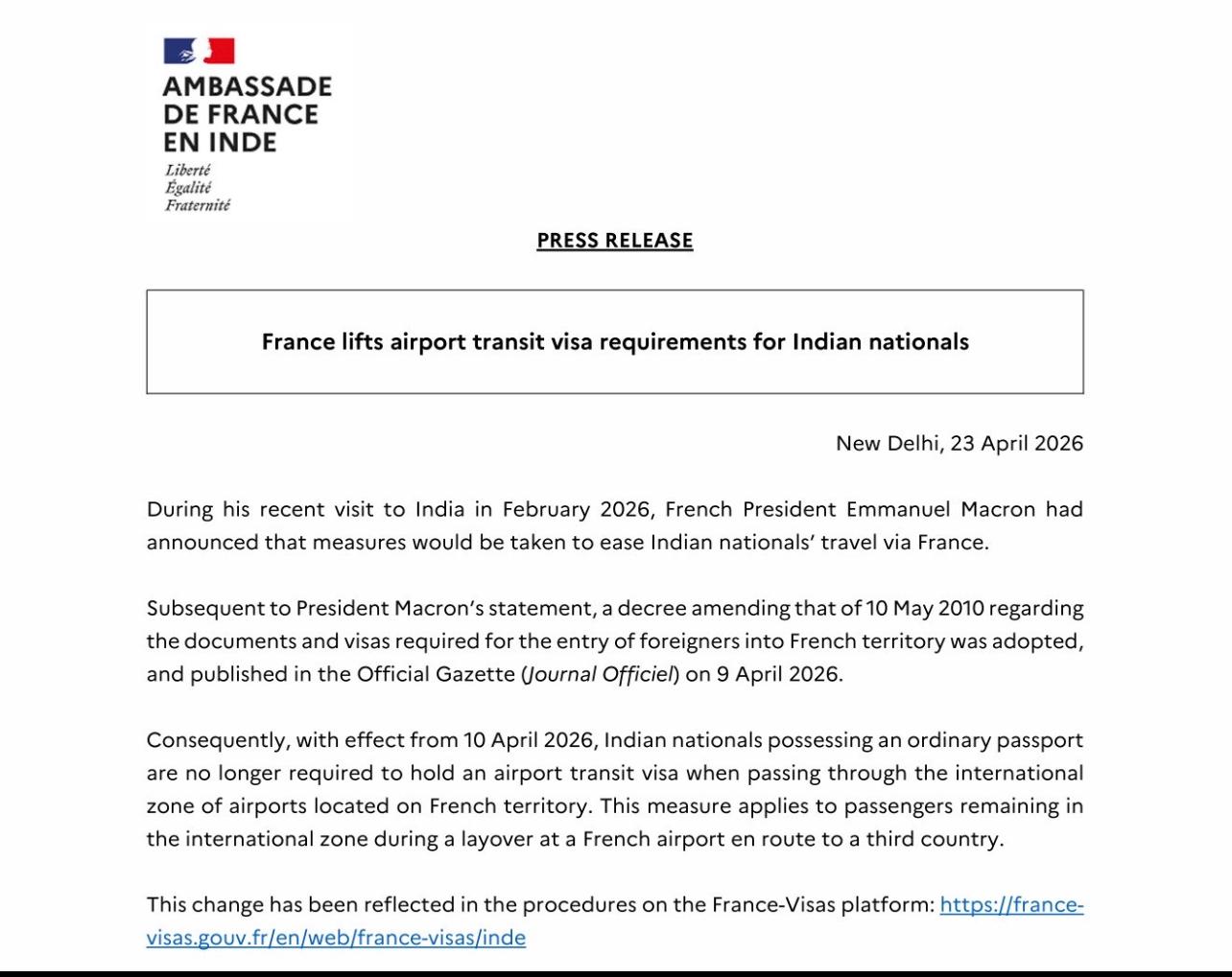 France lifts airport transit visa requirements for Indian nationals With effect from 10 April 2026